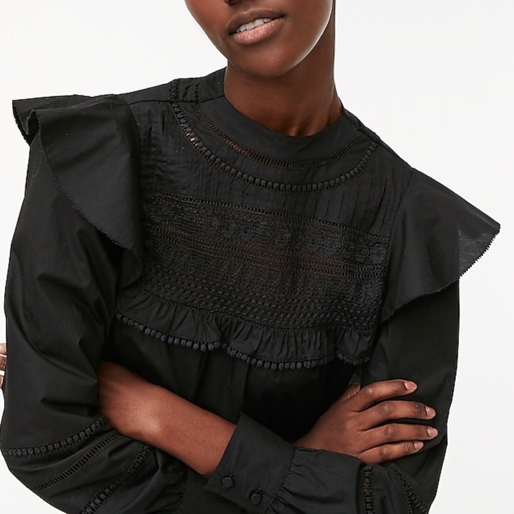 J. Crew Crocheted Lace Ruffle Top Black XXS